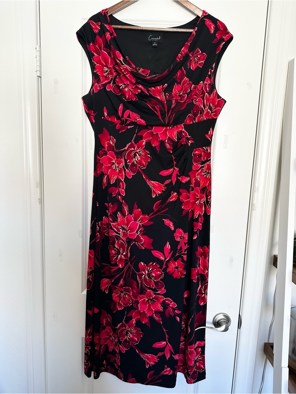 Connected Apparel Black Red Floral Cowl Neck Maxi Dress Fall Size 14